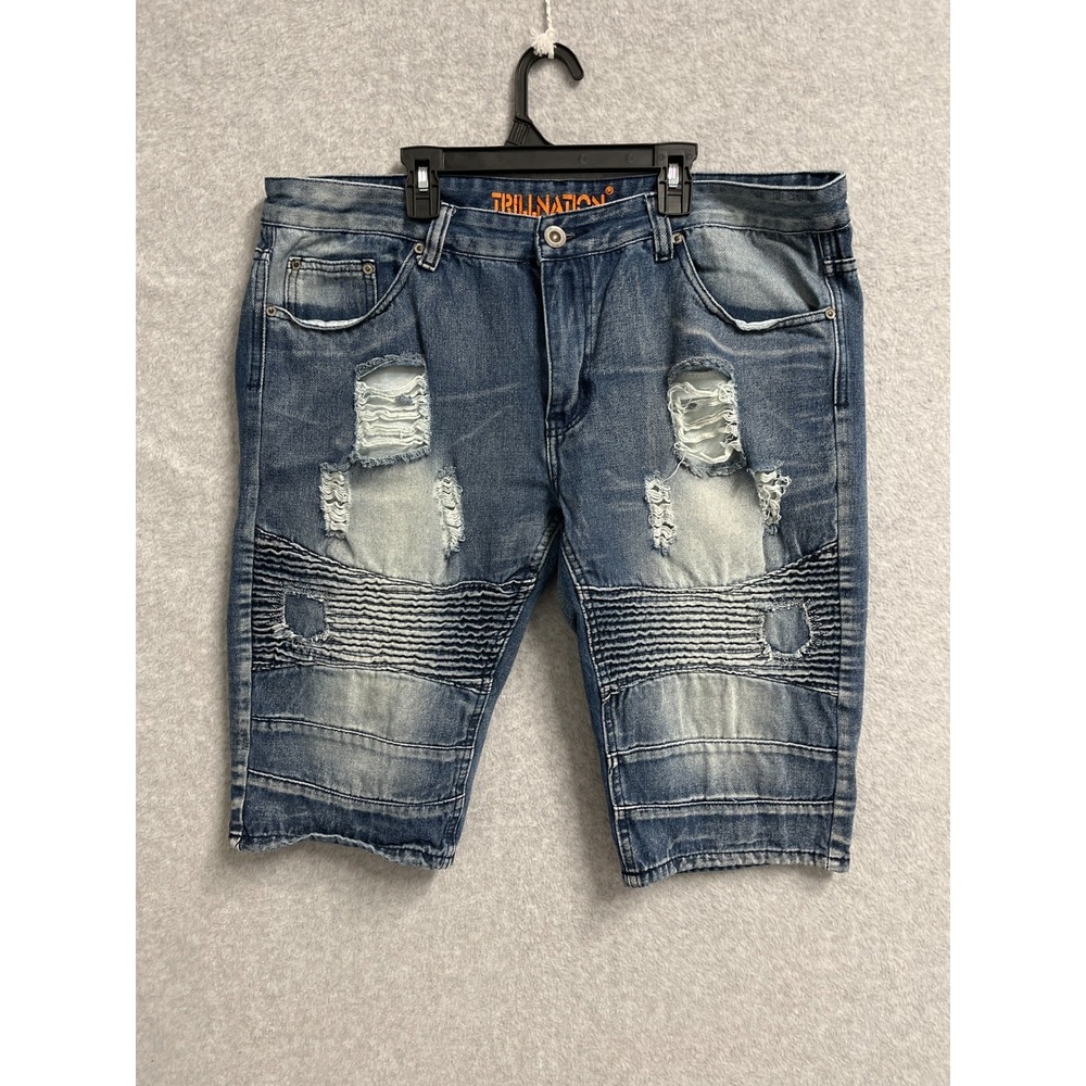 Trillnation Shorts Mens 38 Blue Denim Ripped Distressed 5 Pockets Medium Wash‎